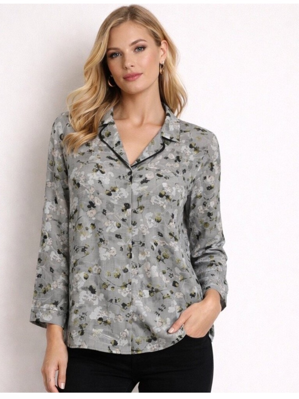 CAbi Matinee Grey Floral Sheer Button-Front Blouse